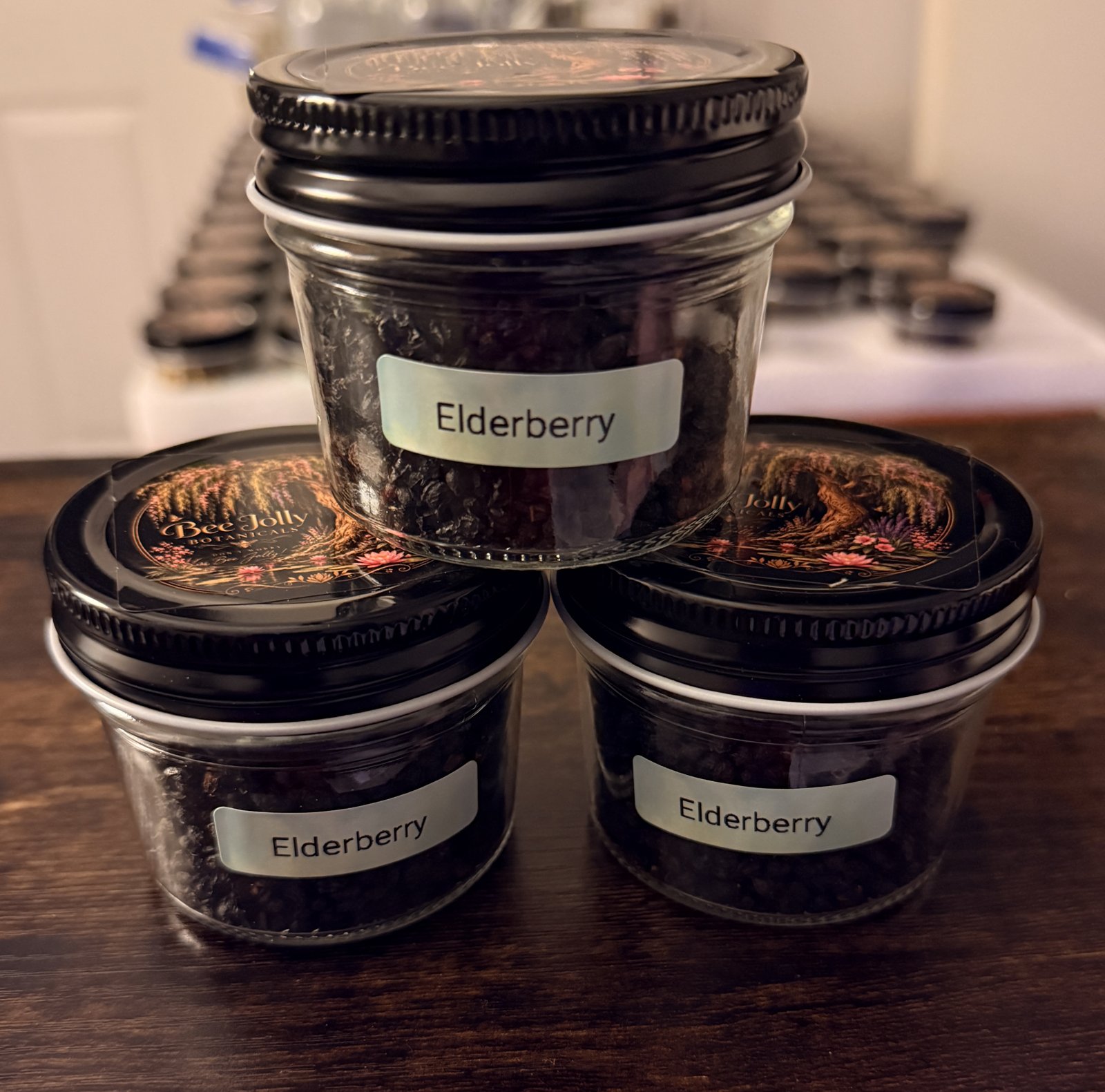 Dried Elderberry in a Bee Jolly Botanicals jar